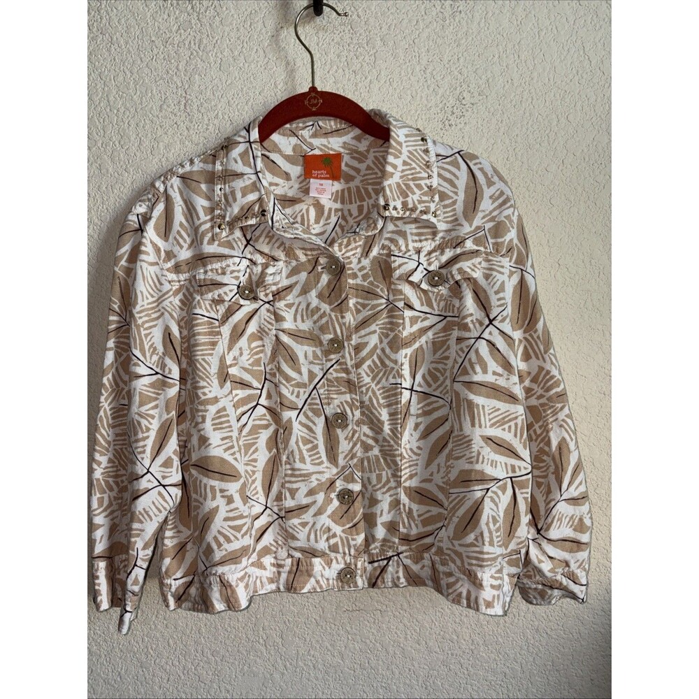 Hearts of Palm Linen Cropped Jacket Tropical Palm Leaf Resort Coastal 18 Bead